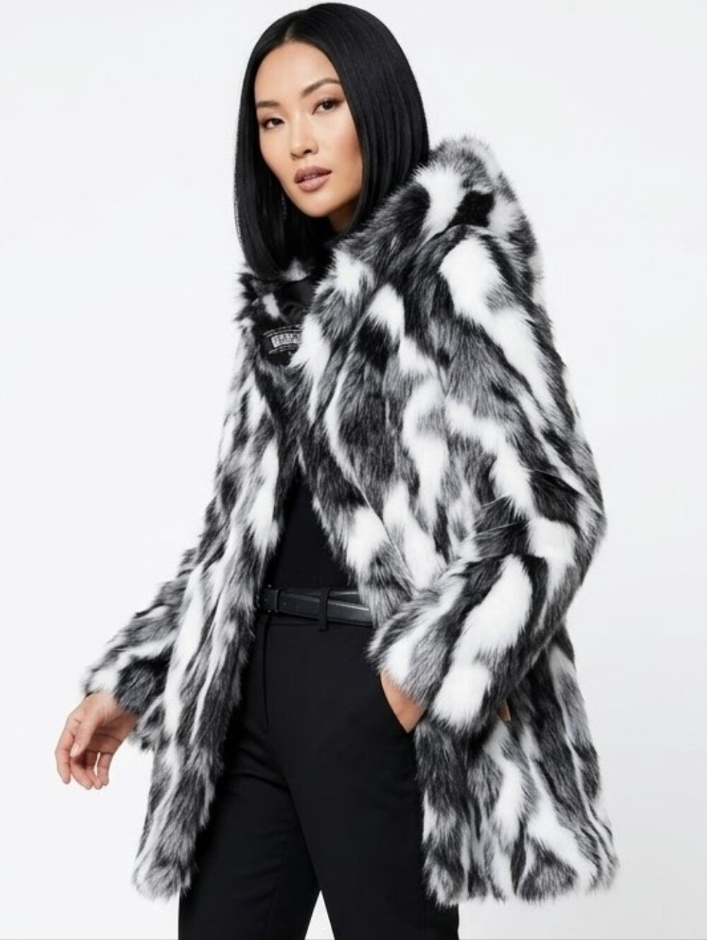 Vintage Y2K Olivia Faux Fur Hooded Coat Black Grey White S/M